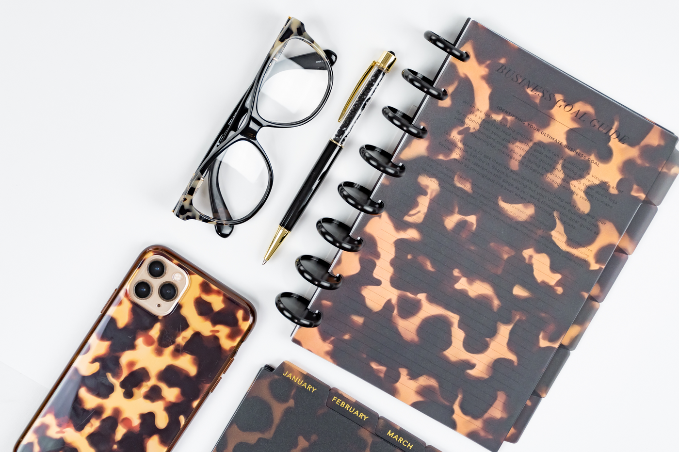 Tortoiseshell planner accessories,  featuring Hardcovers, monthly dividers, Pengem